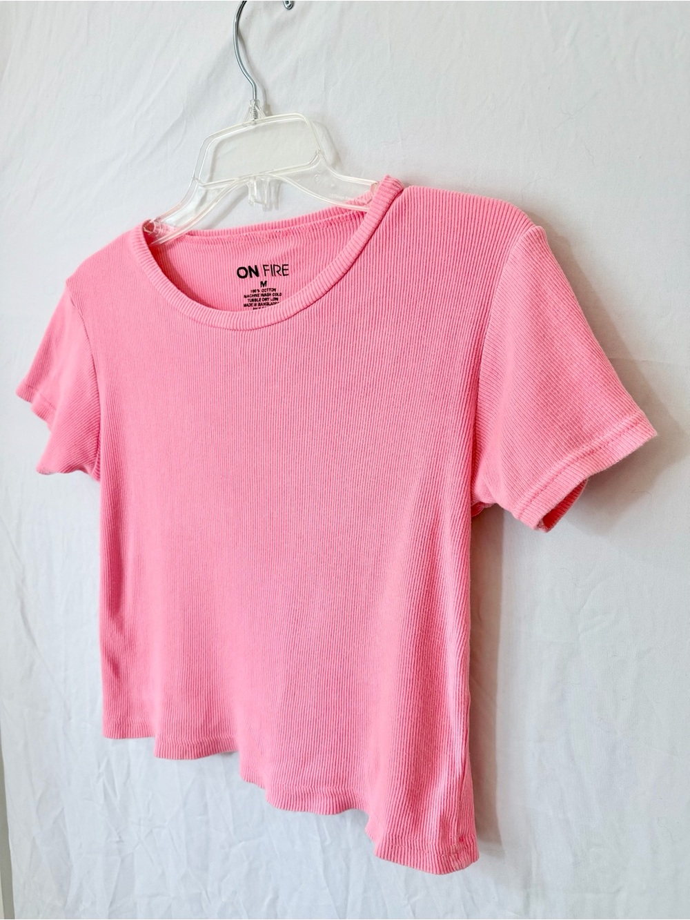 Pink Ribbed Baby Tee Fitted Crop Top Cotton Medium
